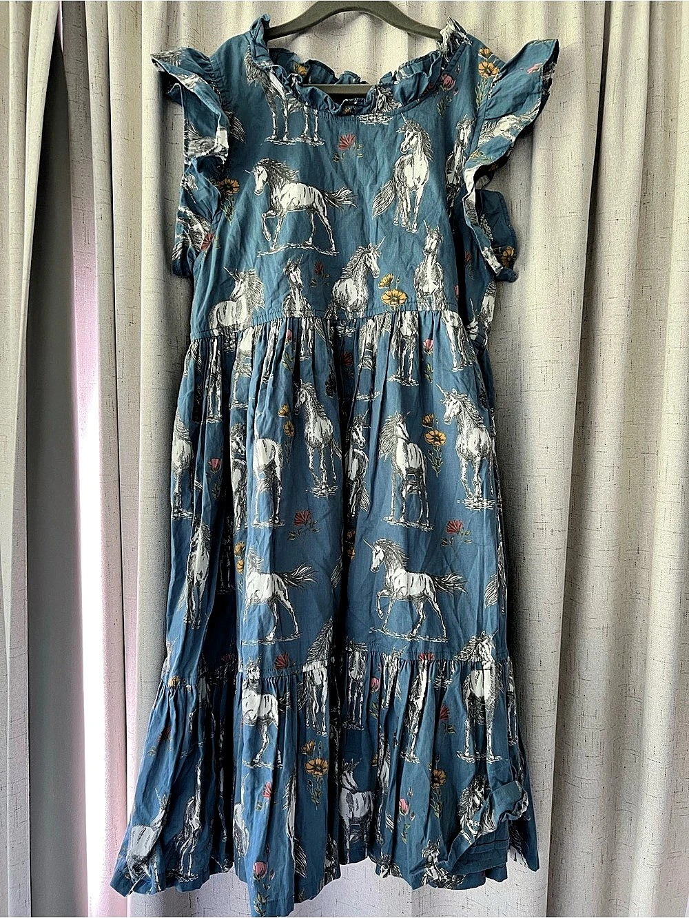 Pink Chicken Girls 14Y Blue Horse Print Tiered Ruffle Dress Equestrian Jennifer